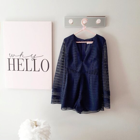 NWT Keepsake the Label navy blue lace-like long sleeve romper, M - Picture 6 of 10